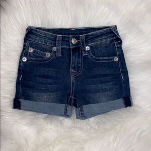 Girls True Religion Blue Distressed Denim Pink Horseshoe Stitching Shorts